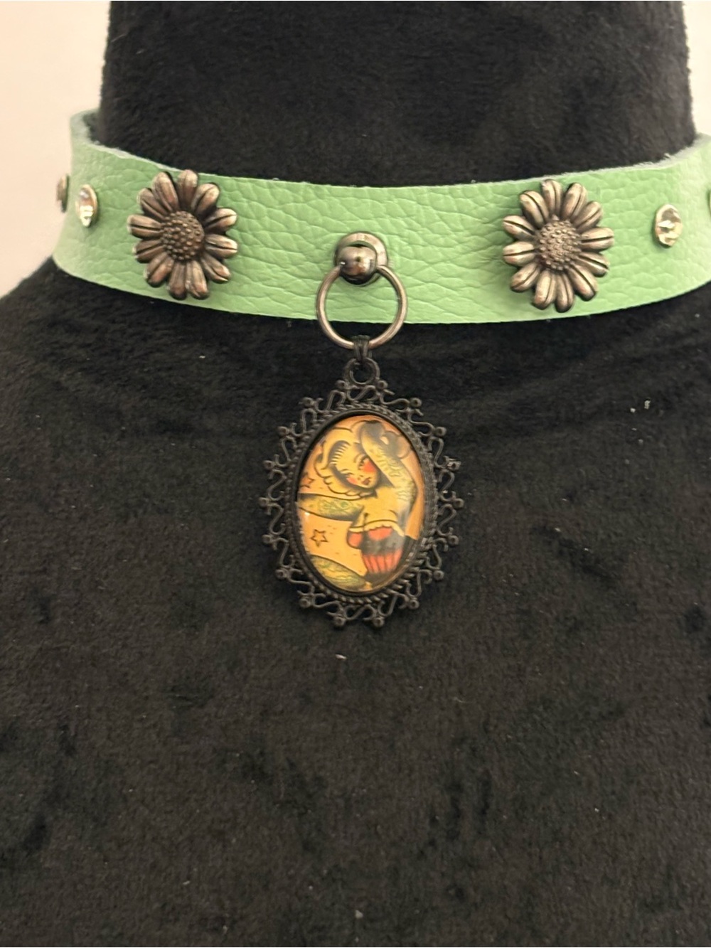 OOAK Pale green soft Leather Choker, rhinestone, Necklace tattoo lady Cameo